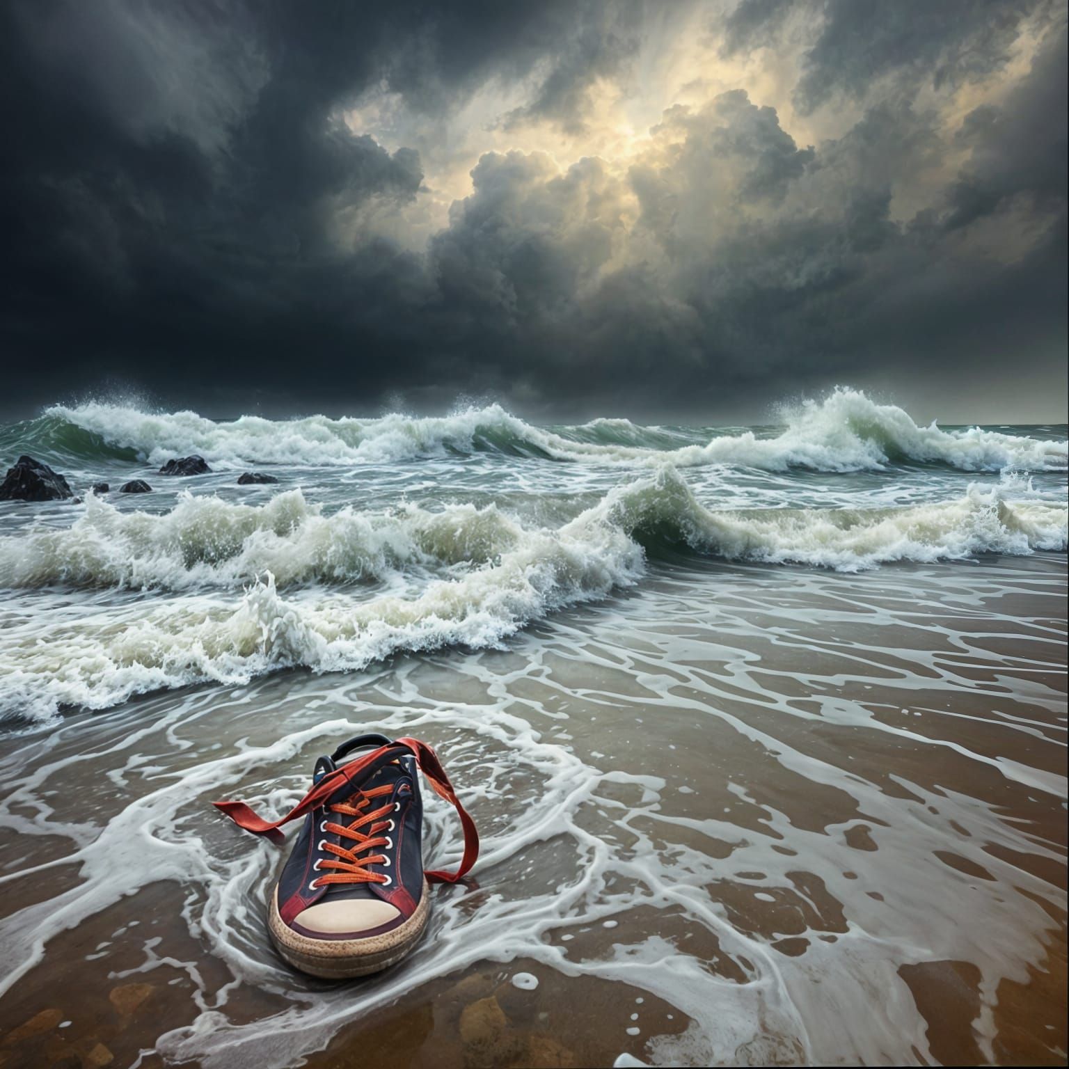 Stormy Beach Scene with Dark Skies and Turbulent Waves