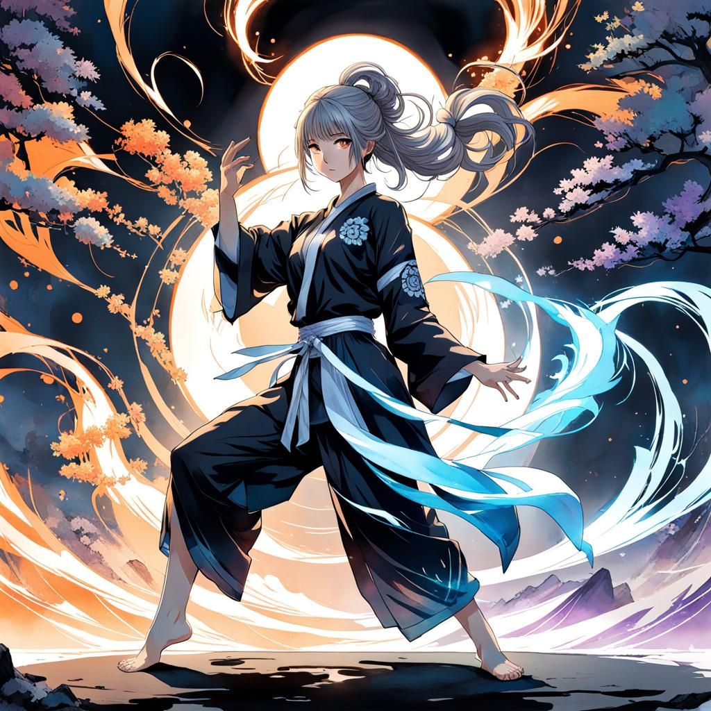 Anime Girl in Tai Chi Pose with Watercolor Effect