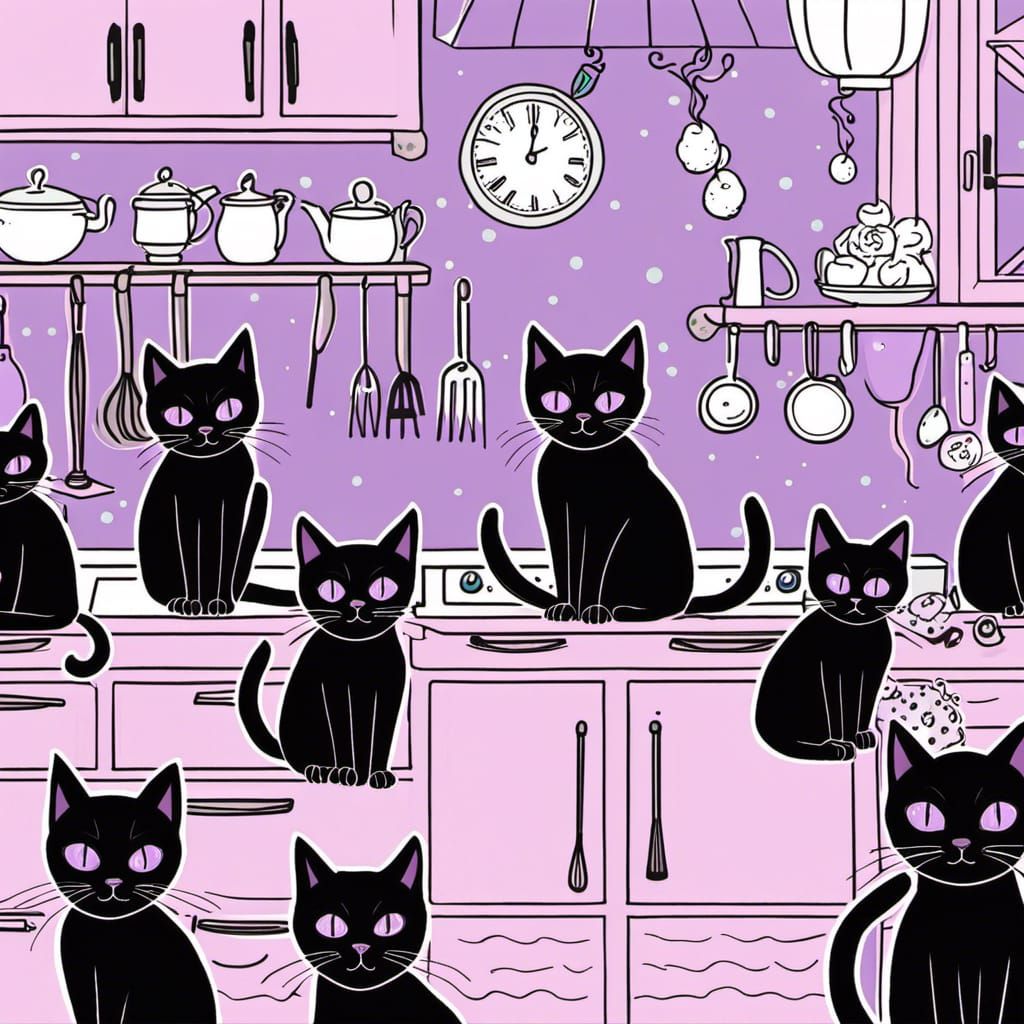 Black Cats in a Pastel Goth Kitchen
