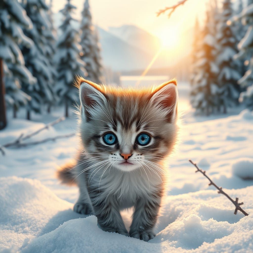 Whimsical Winter Kitten in Fantasy Landscape