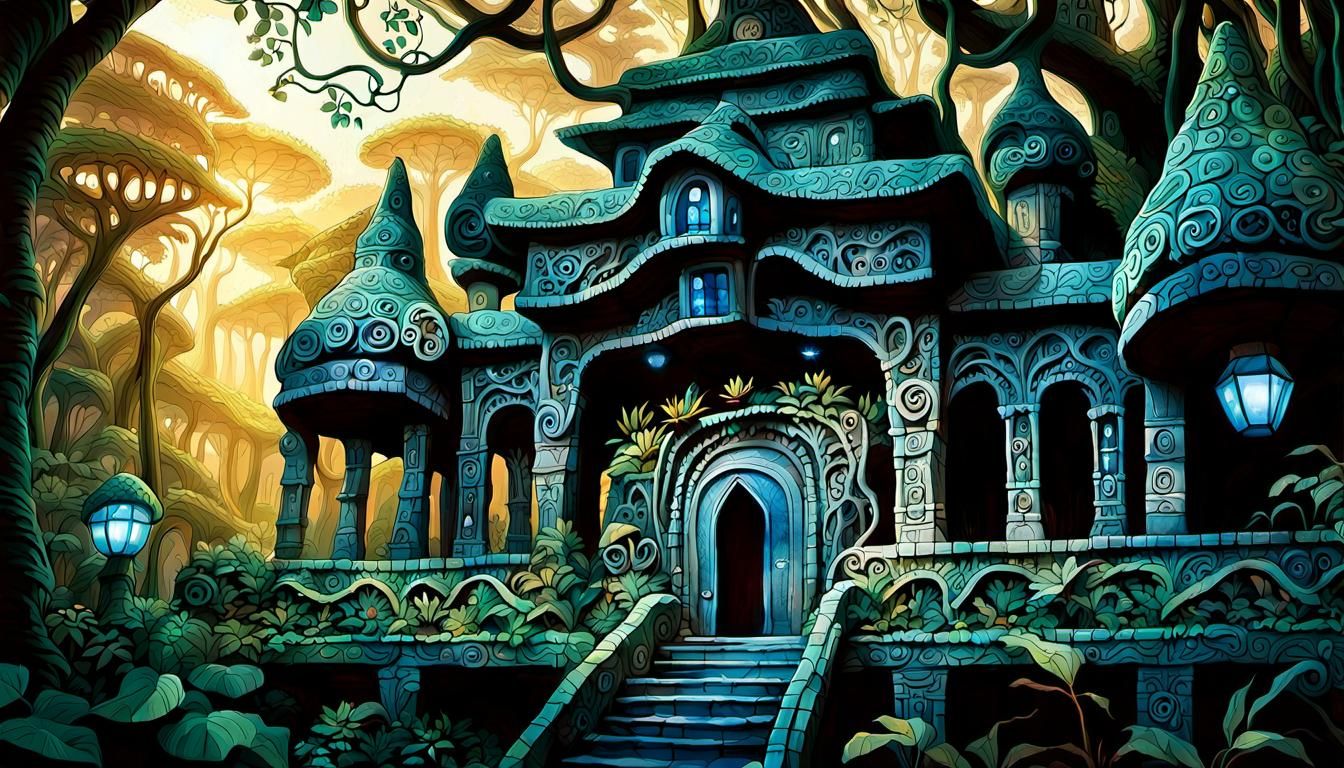Fantastical Jungle Palace in Art Brut Style