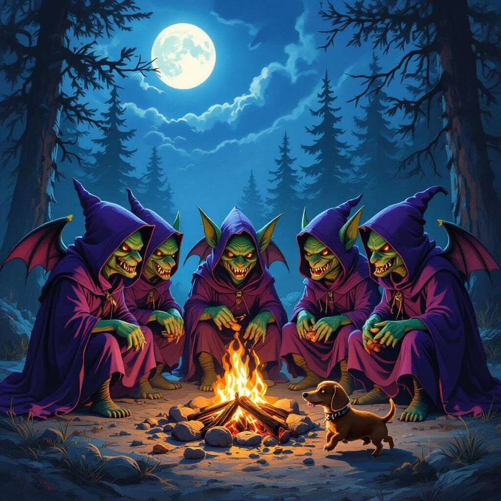 Goblins and Dachshund by Campfire in Dark Fantasy Style