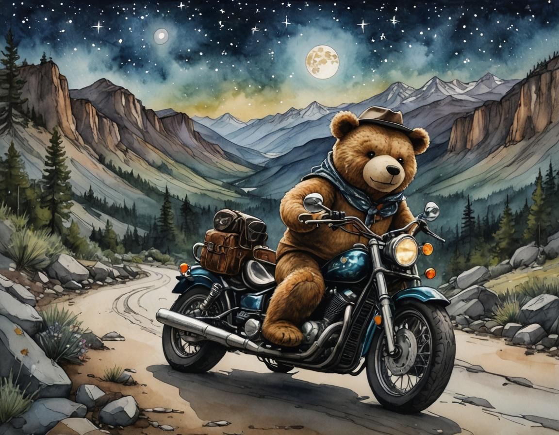 Teddy Bear Cowboy on Motorcycle, Alcohol Ink Drawing