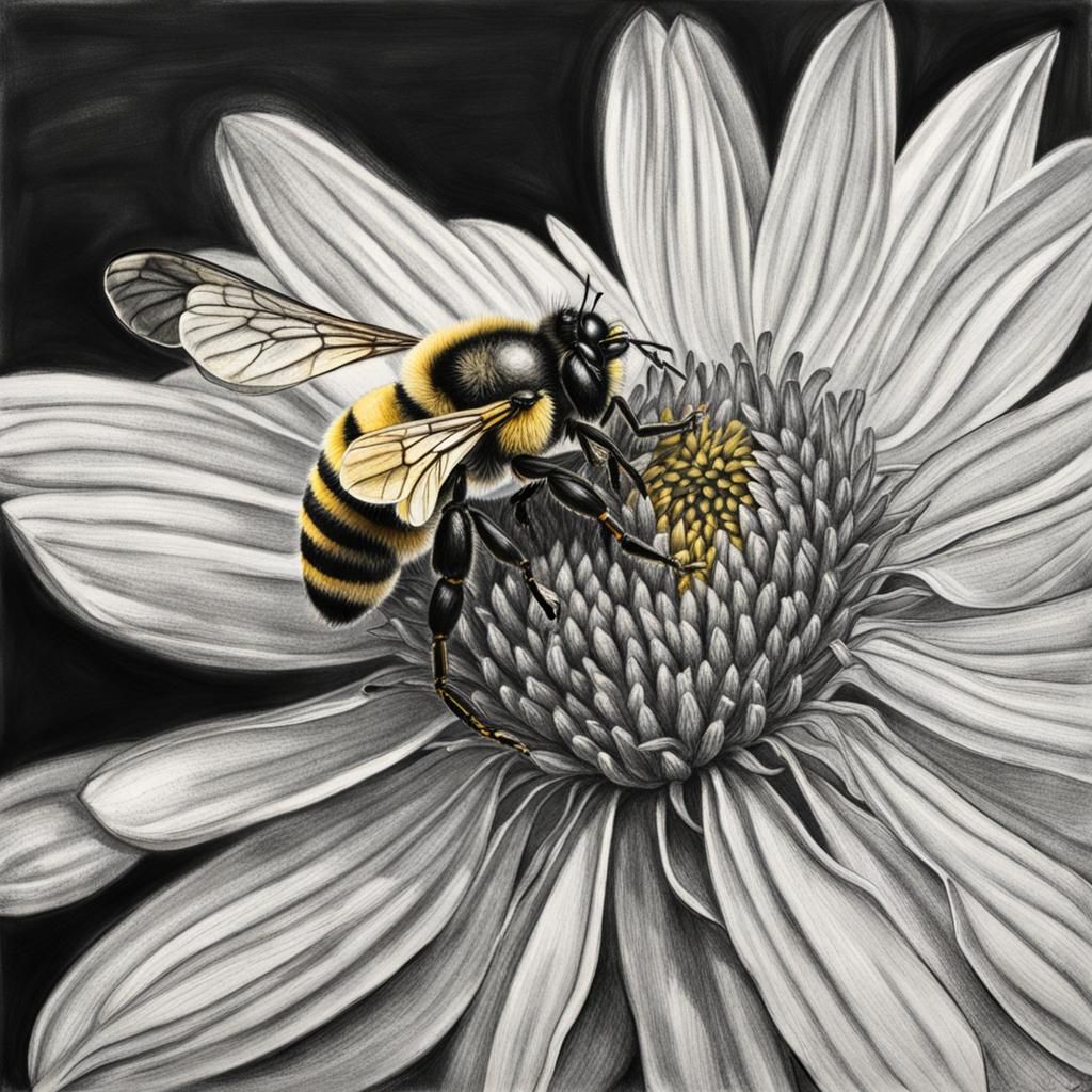 Hyperdetailed Charcoal Drawing of Bee on Flower