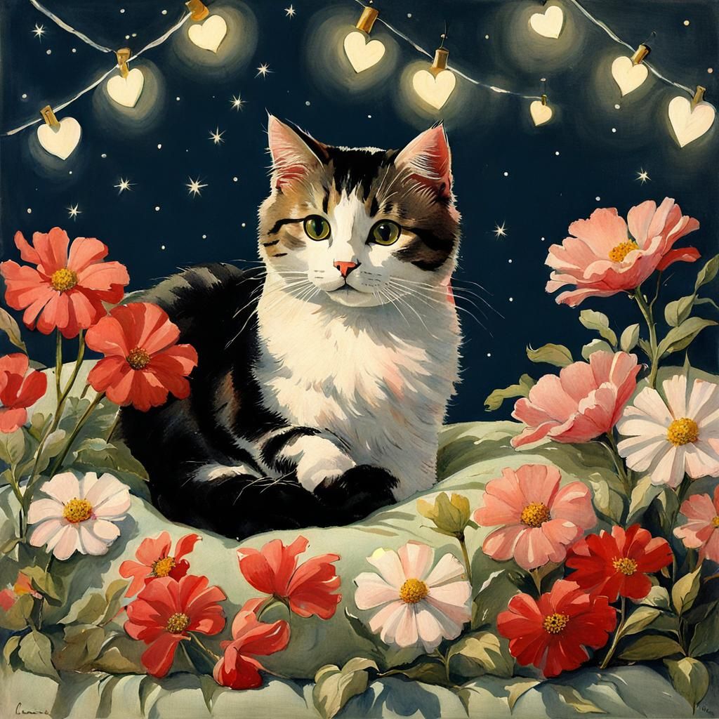 Cat on Pillow Surrounded by Flowers in Classical Style