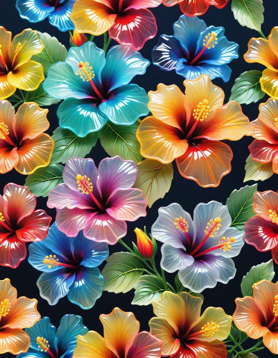 Hyperrealistic Multicolored Crystal Hibiscus Flowers