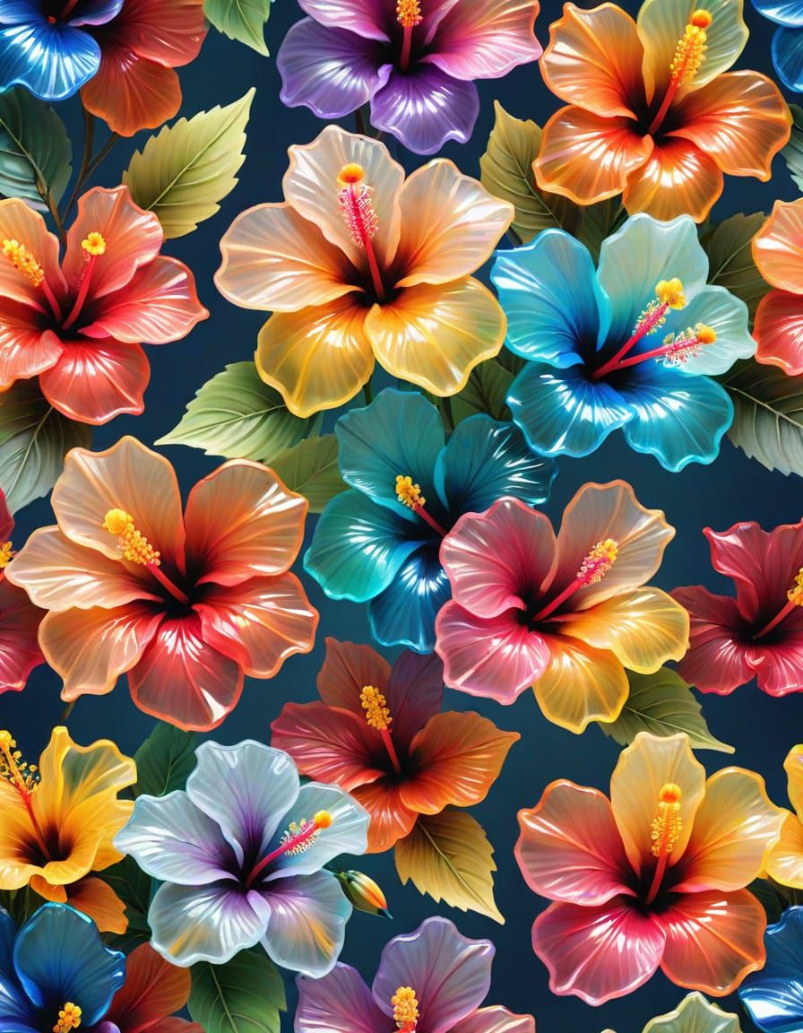 Crystal Hibiscus Flowers: Hyperrealistic Multicolored Displa...