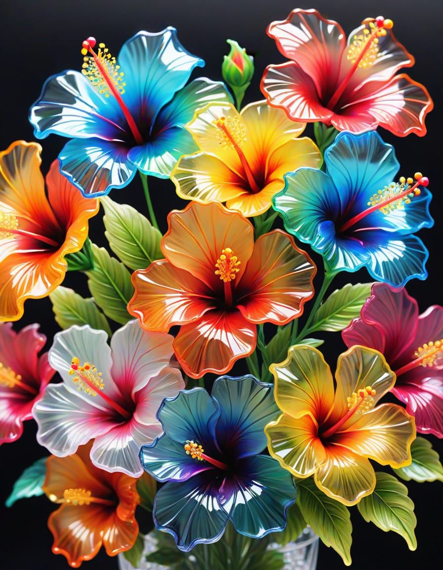Hyperrealistic Multicolored Crystal Hibiscus Flowers