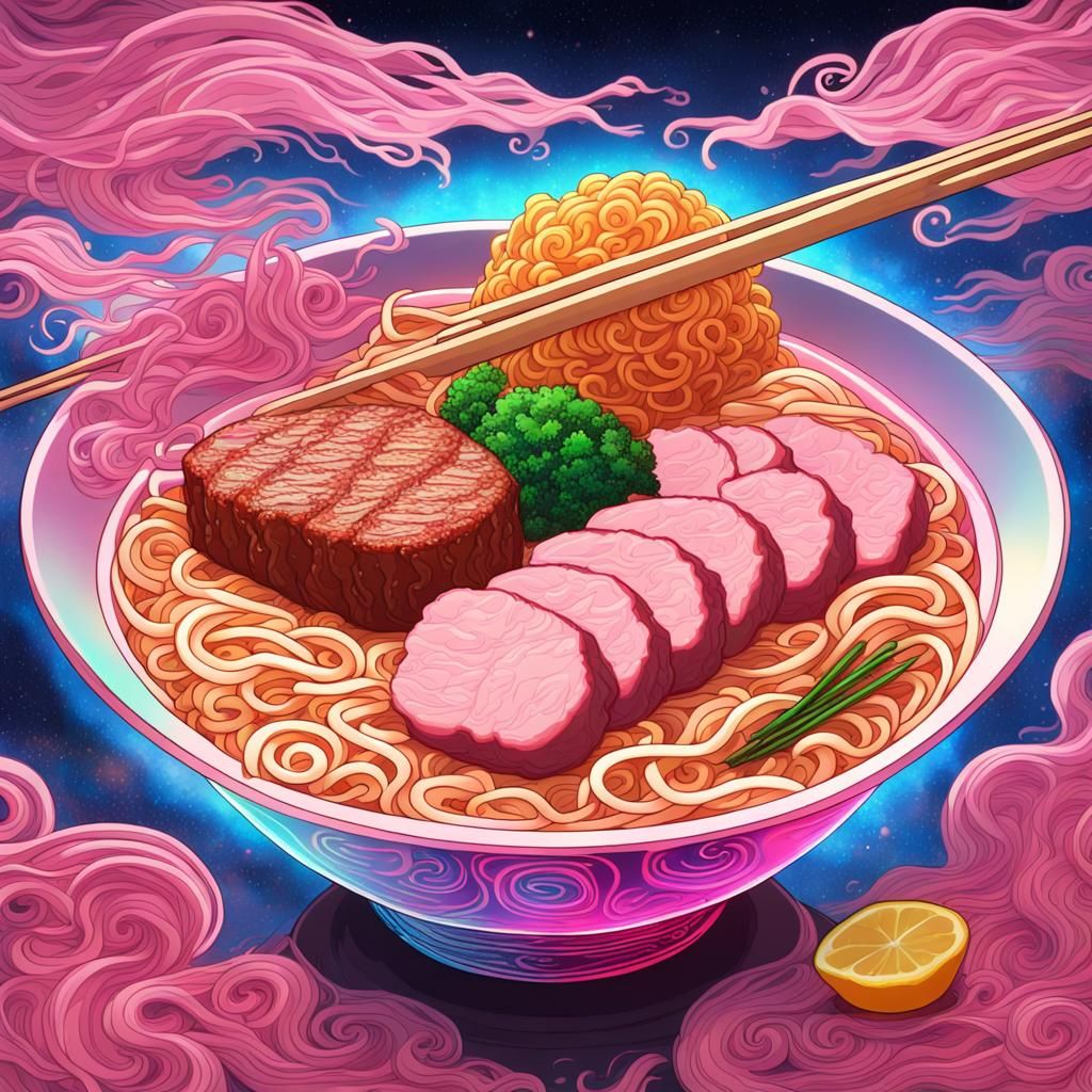 Steaming Ramen Bowl: Holographic Astral Illustration