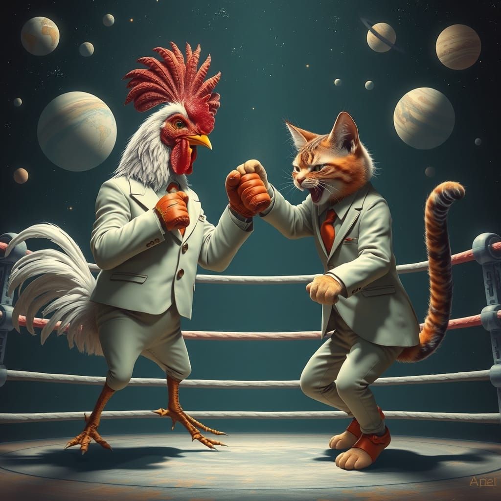 Chicken vs. Cat Boxing in Zero Gravity