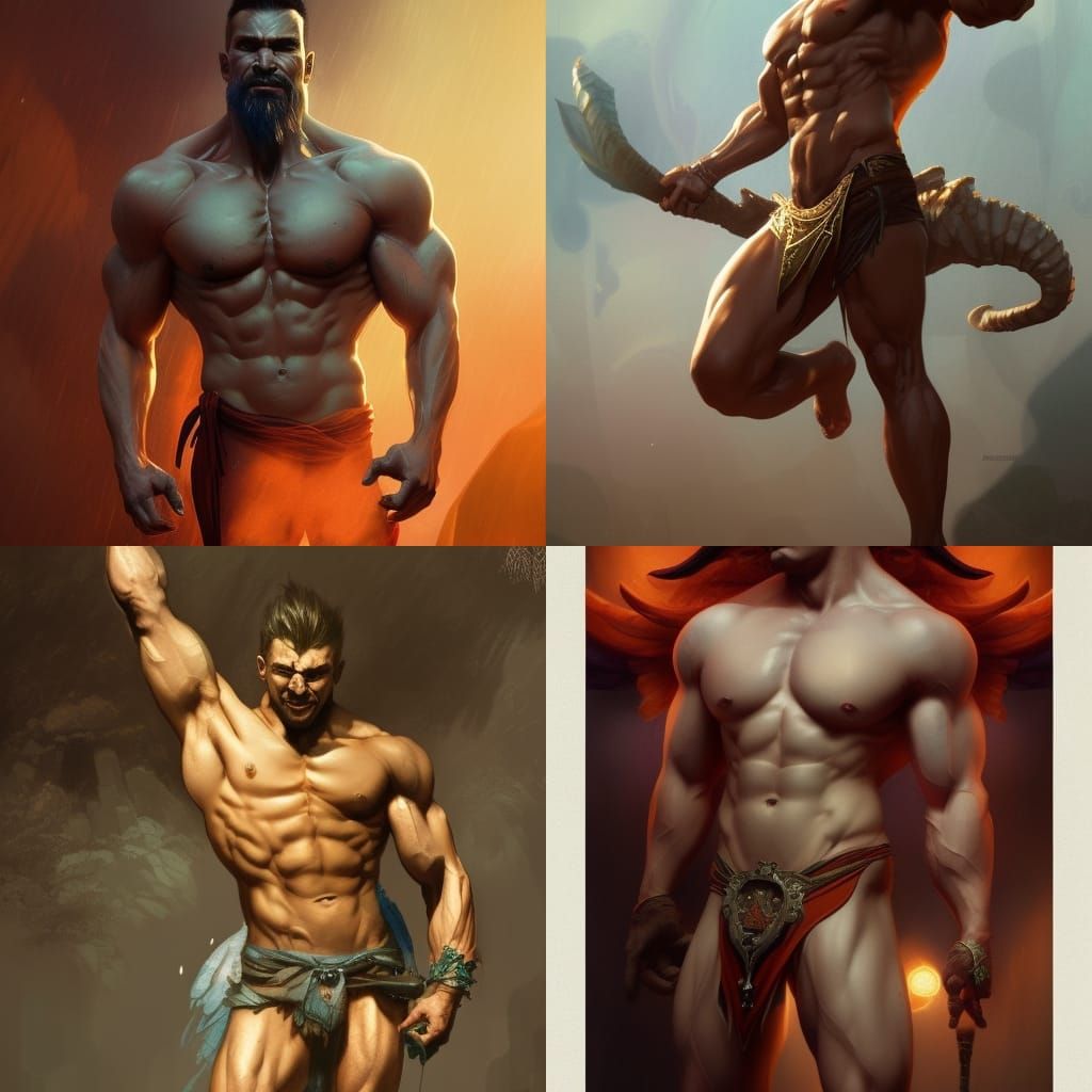 Muscular Male Demon Concept Art in Orange and Teal