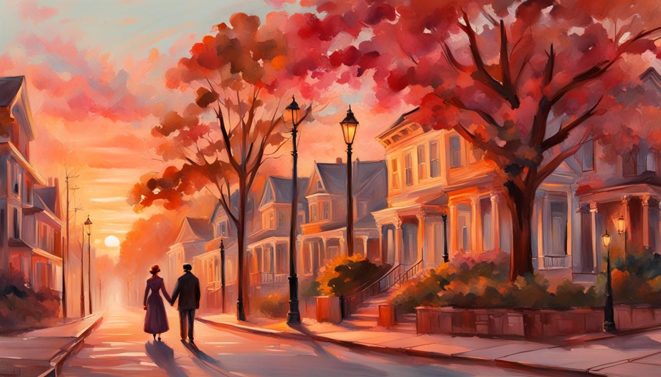 Victorian Neighborhood Sunset in Impressionist Watercolor