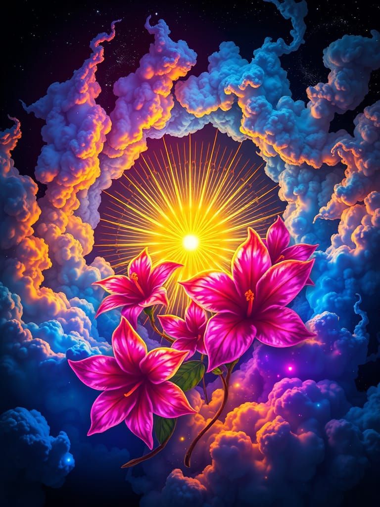 Neon Flowers in Fibonacci Spiral with Sunburst