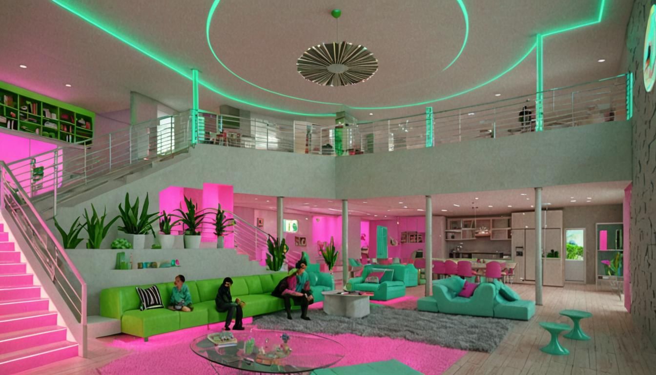 Contemporary Open-Plan Living in Neon 1980s Style