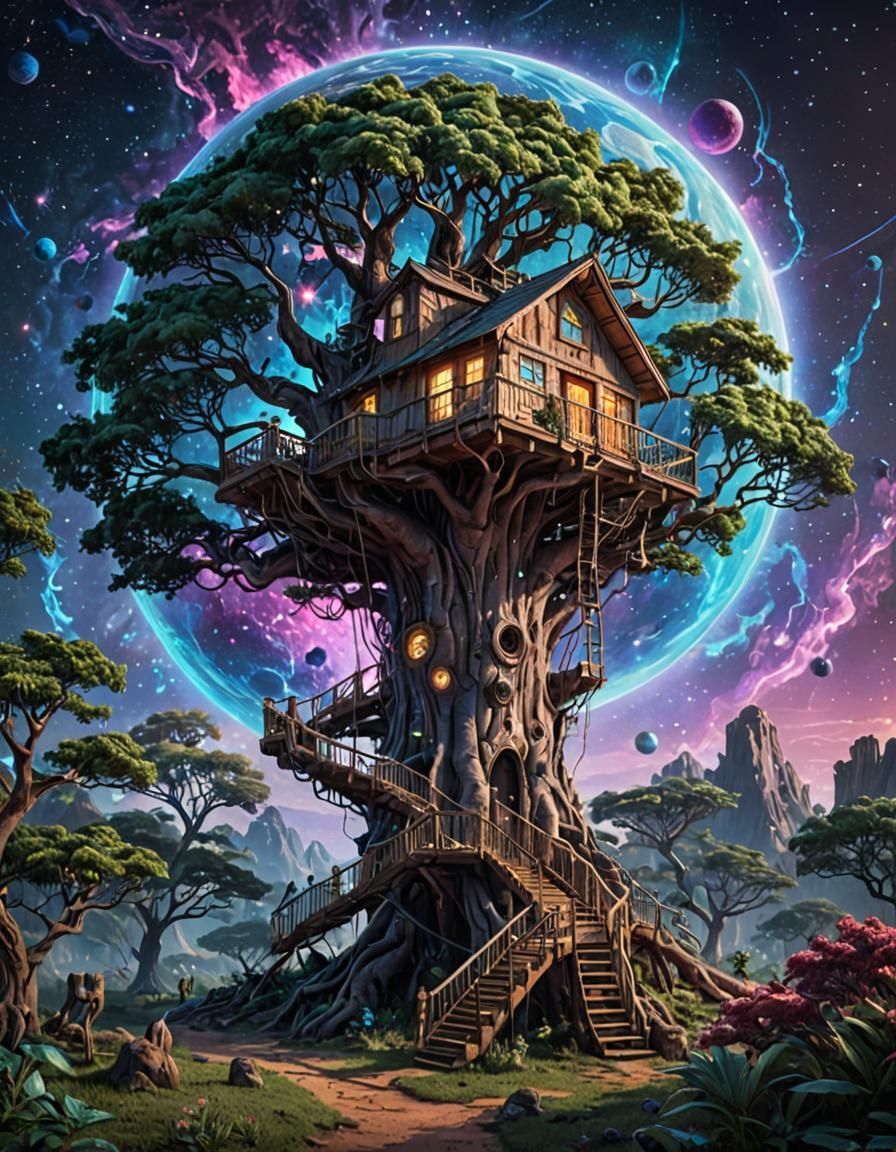 Cosmic Treehouse on Distant Planet Illustration