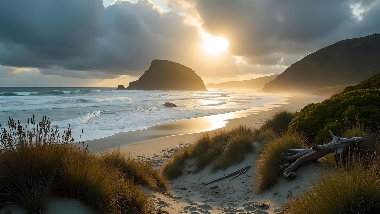 Wild New Zealand Beach at Dawn: Photorealistic Island View