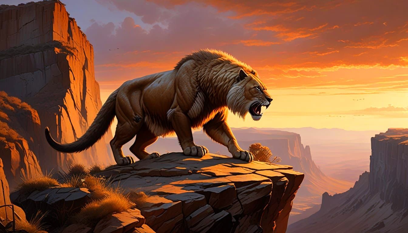 Saber-Toothed Cat on Cliff in Oil Painting Style