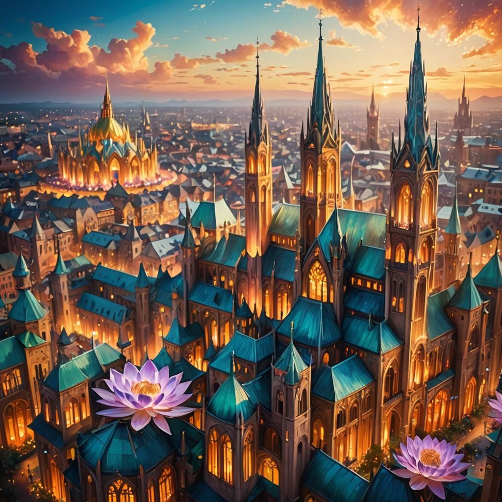 Surreal Lotus Cityscape in Golden Light