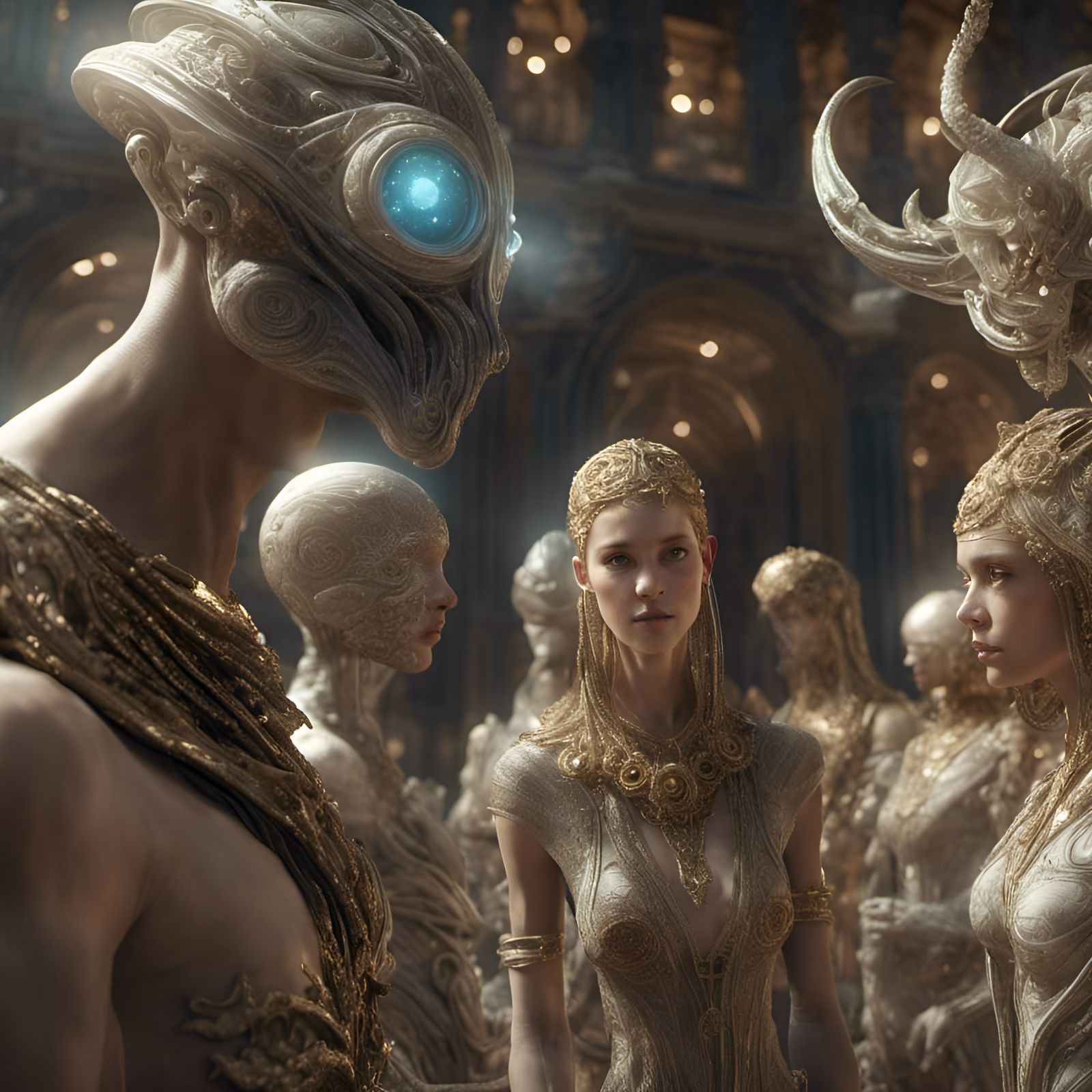 Futuristic Alien Social Gathering: Hyperrealistic 16k Resolu...