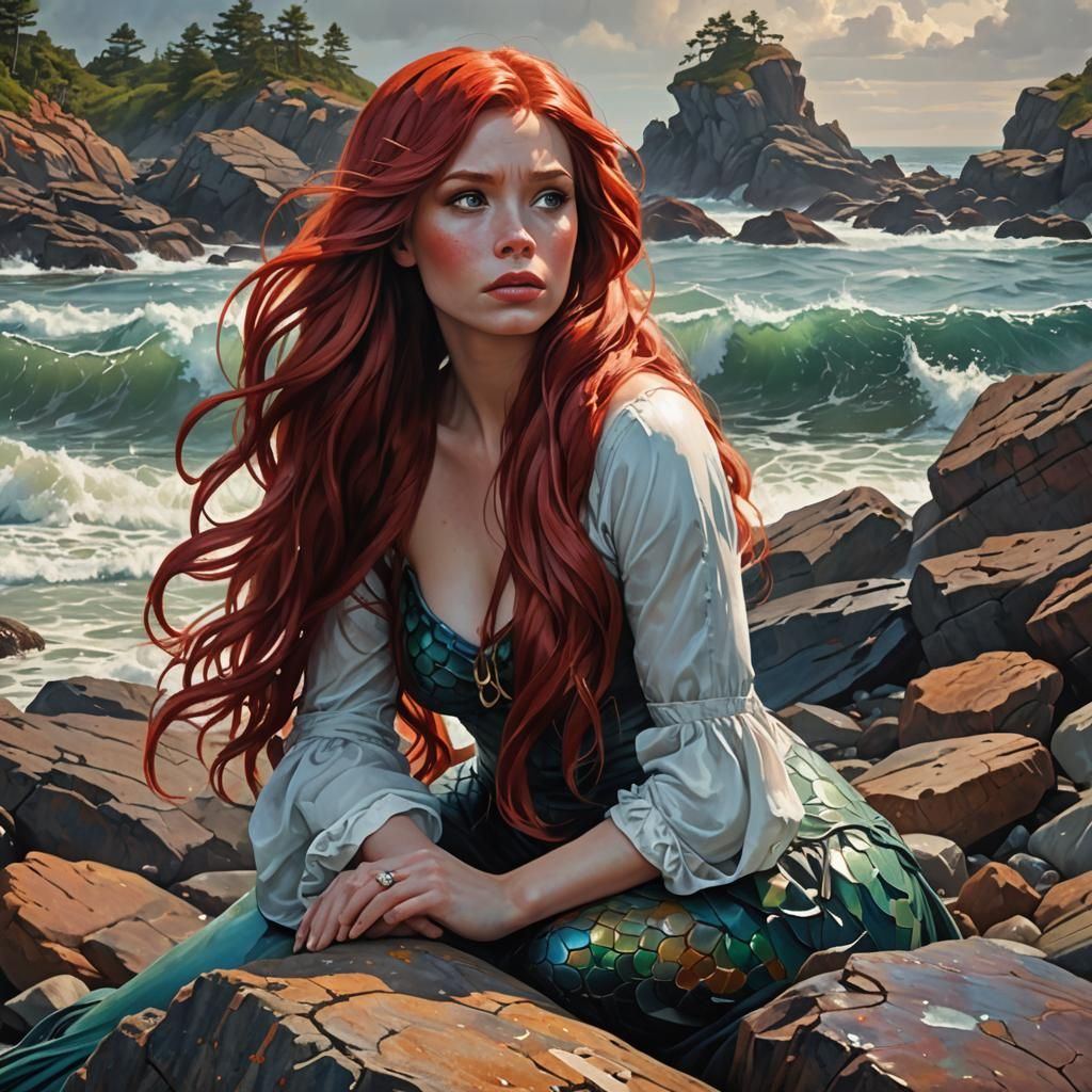 Mermaid Contemplates Oil Spill: Apocalyptic Acrylic Painting