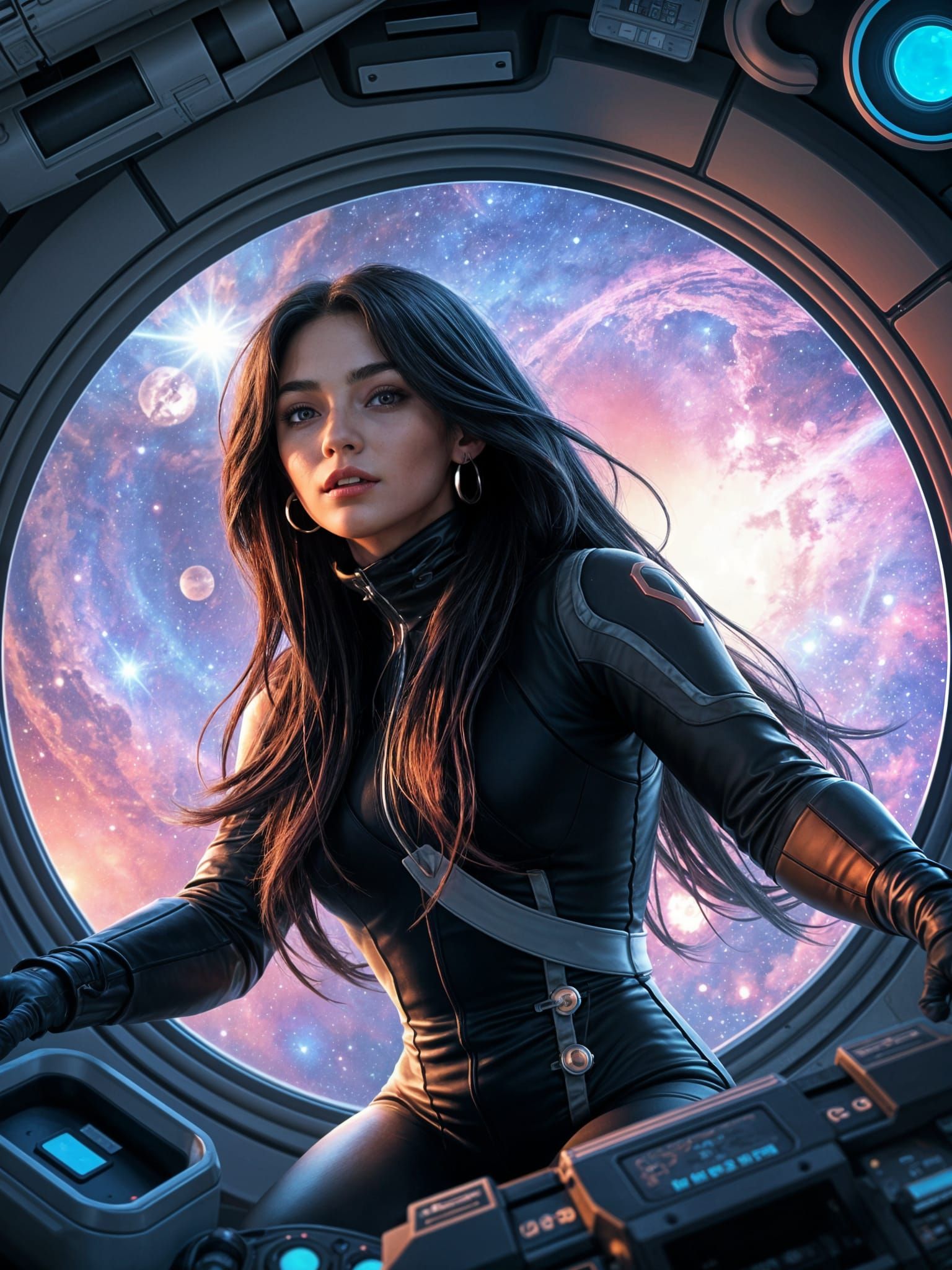 Stunning Woman Pilot Navigates Nebula in Spaceship