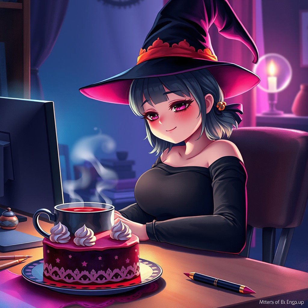 Anime Witch Girl at Computer with Cake and Tea