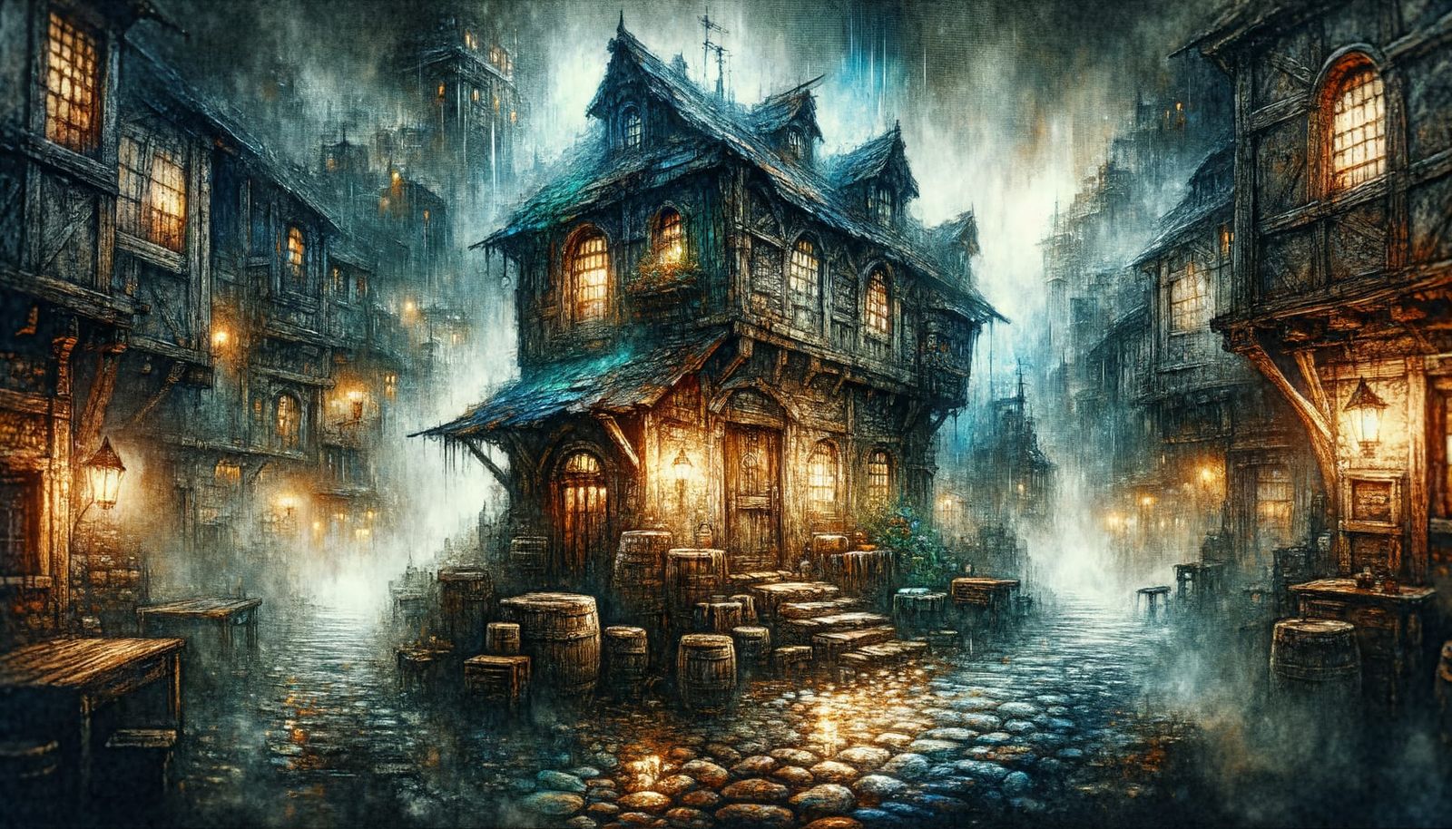 Gloomy Medieval Tavern in Grimdark Watercolor Style