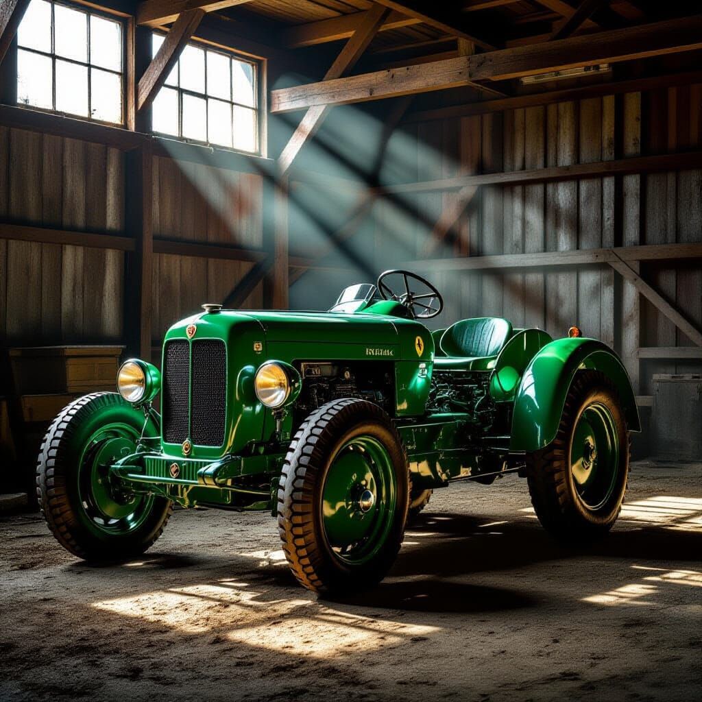 Vintage Green Ferrari Tractor in Rustic Barn