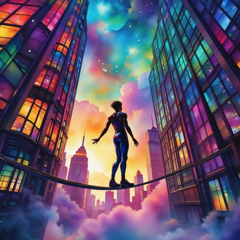 Tightrope Walker Balances Between Skyscrapers in Futuristic ...