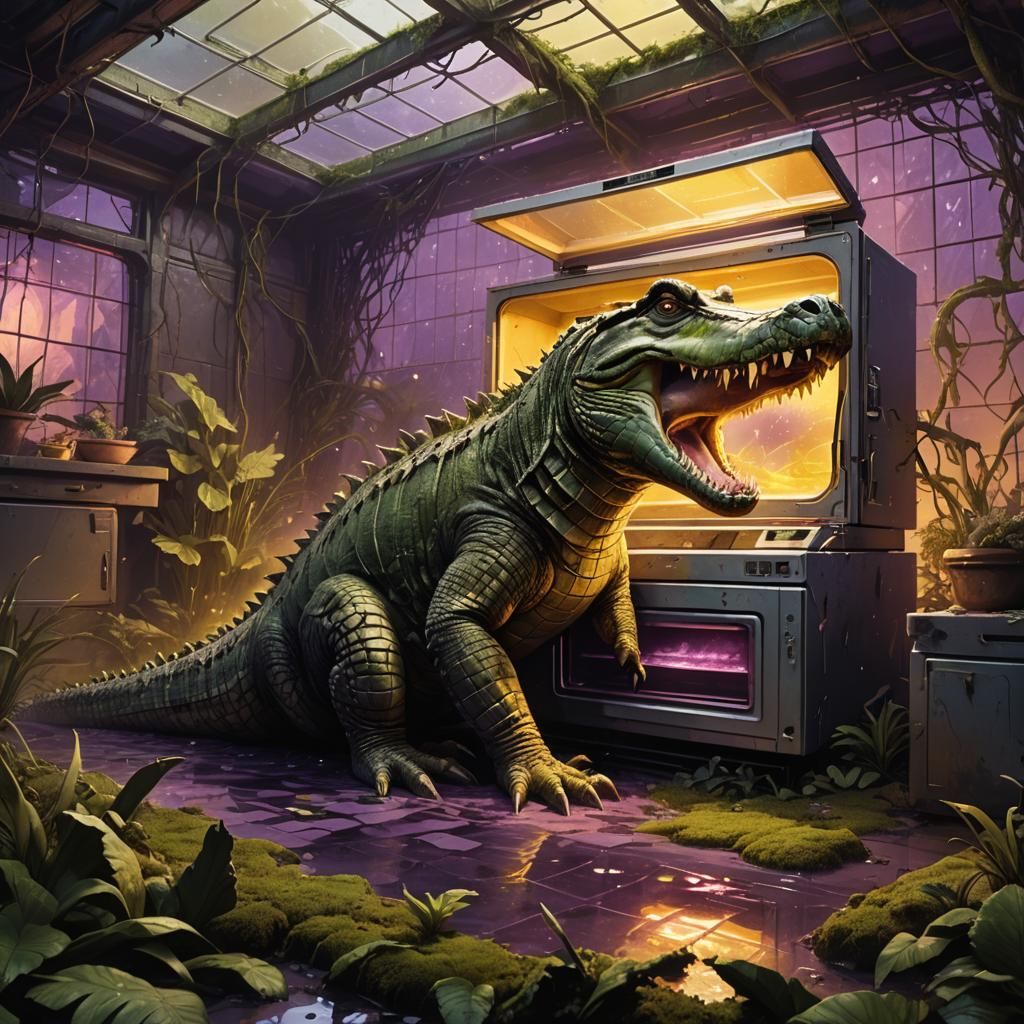 Crocodile Enters Greenhouse Microwave in Dark Fantasy Art