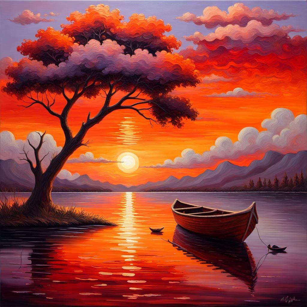 Sunset Lakeside Scene in Textured Oil Painting Relief