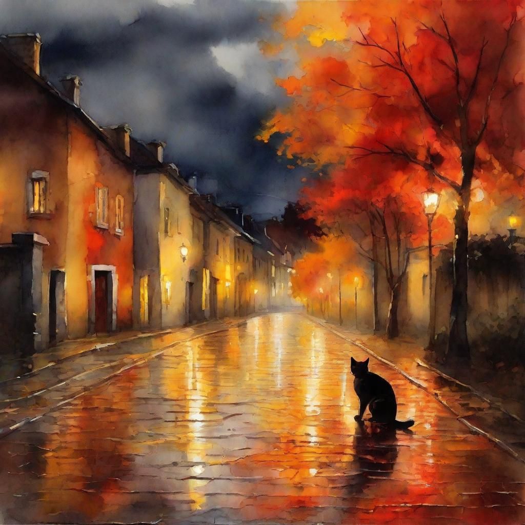 Night Street Scene with Cat in Dark Fantasy Style