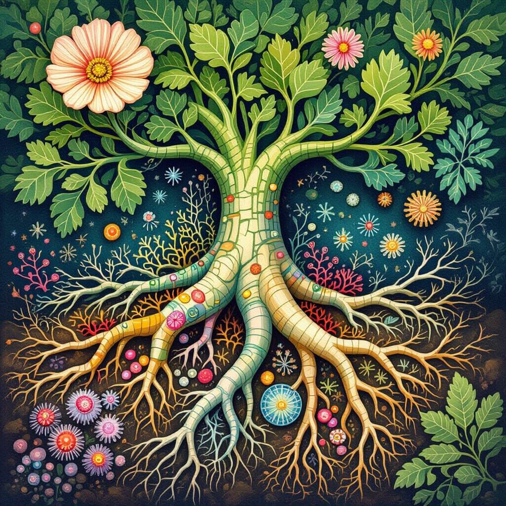 Botanical Illustration of Plant Roots and Microbes