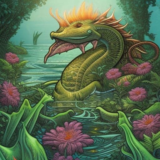 Sea Monster in Secret Flower Garden, Comic Book Art