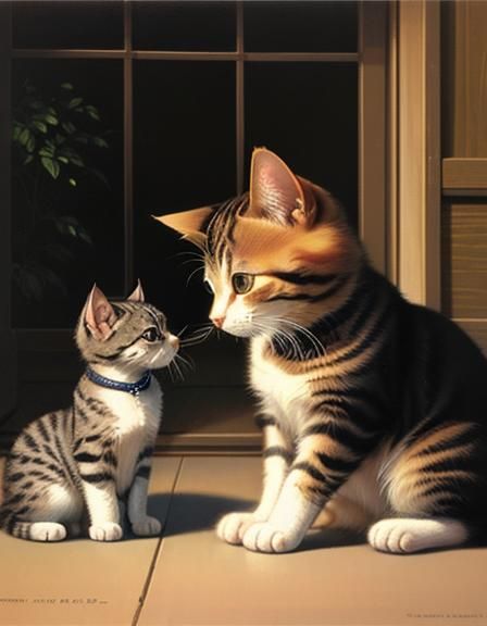 Cat and Kitten Playtime: Oil Painting