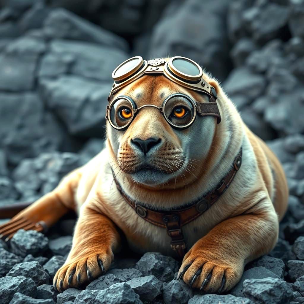 Steampunk Seal Lion on Rocky Shore