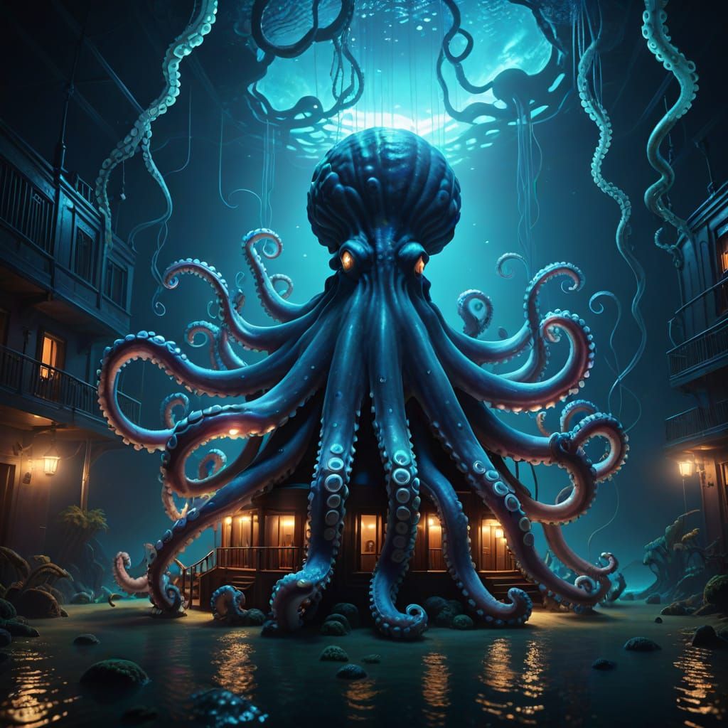 Surreal Octopus Hotel in Bioluminescent Ocean Depths