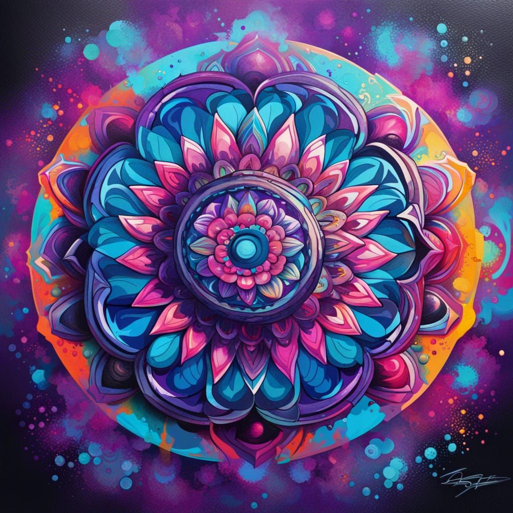 Psychedelic Mandala in Graffiti and Splash Art Style