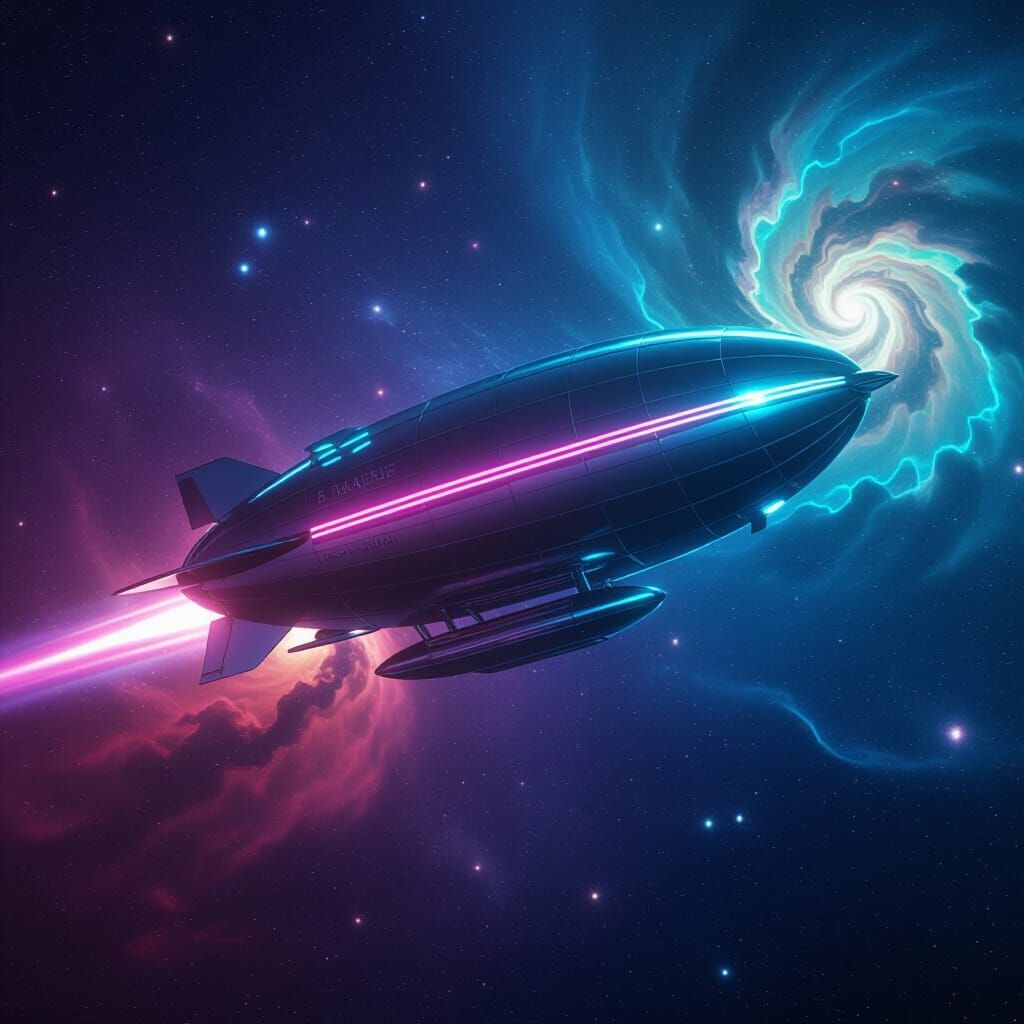 Retro-Futuristic Dirigible Navigating Cosmic Nebula