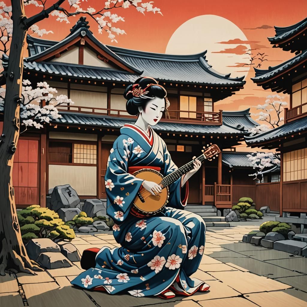 Geisha Playing Banjo: Ukiyo-e Woodblock Print