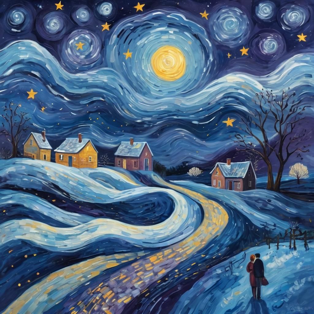 Winter Night Sky Couple in Post-Impressionist Style