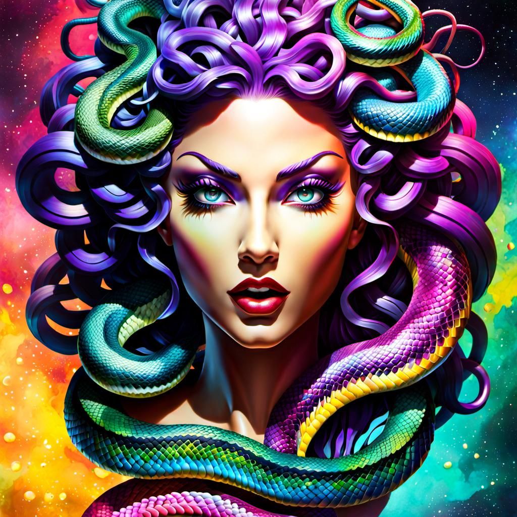 Evil Medusa with Hypertextured Snakes, Alcohol Ink Eyes