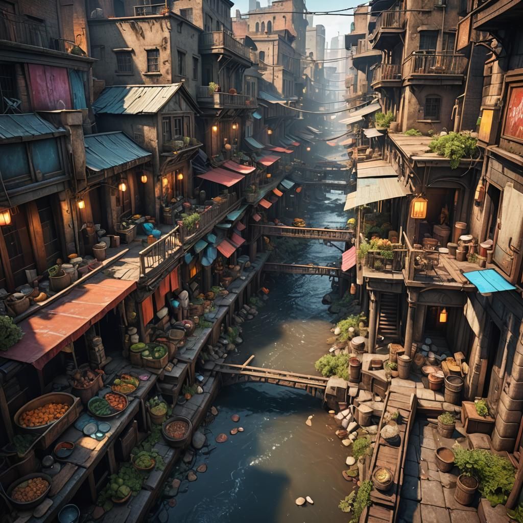 Bustling Marketplace in Urban Ghetto: Detailed Matte Paintin...