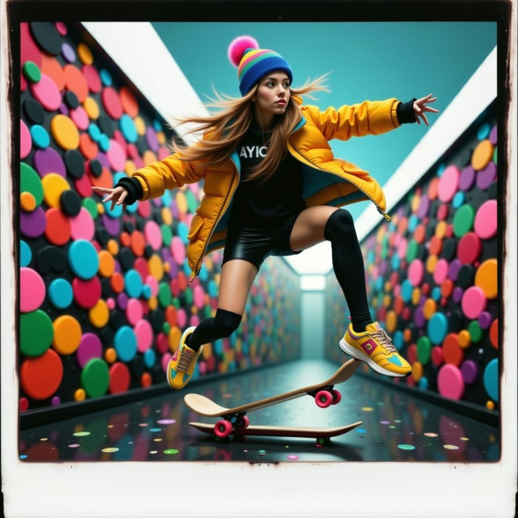 Skater Girl in Neon Checkers, Retro Cinematic Style