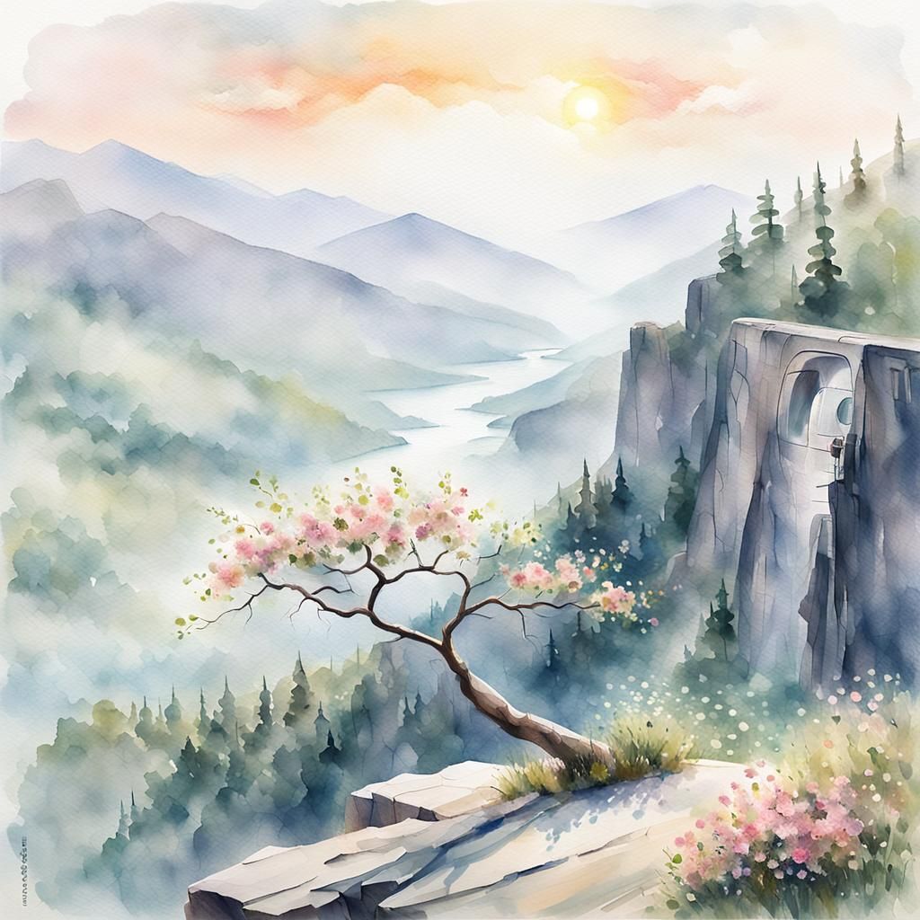 Serene Abstract Landscape with Blooming Branch in Watercolor...