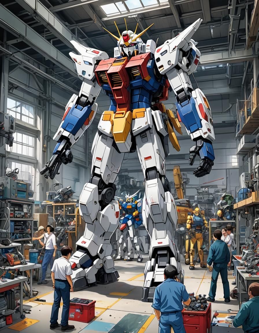 Gundam Mech Repair Bay in Anime Style