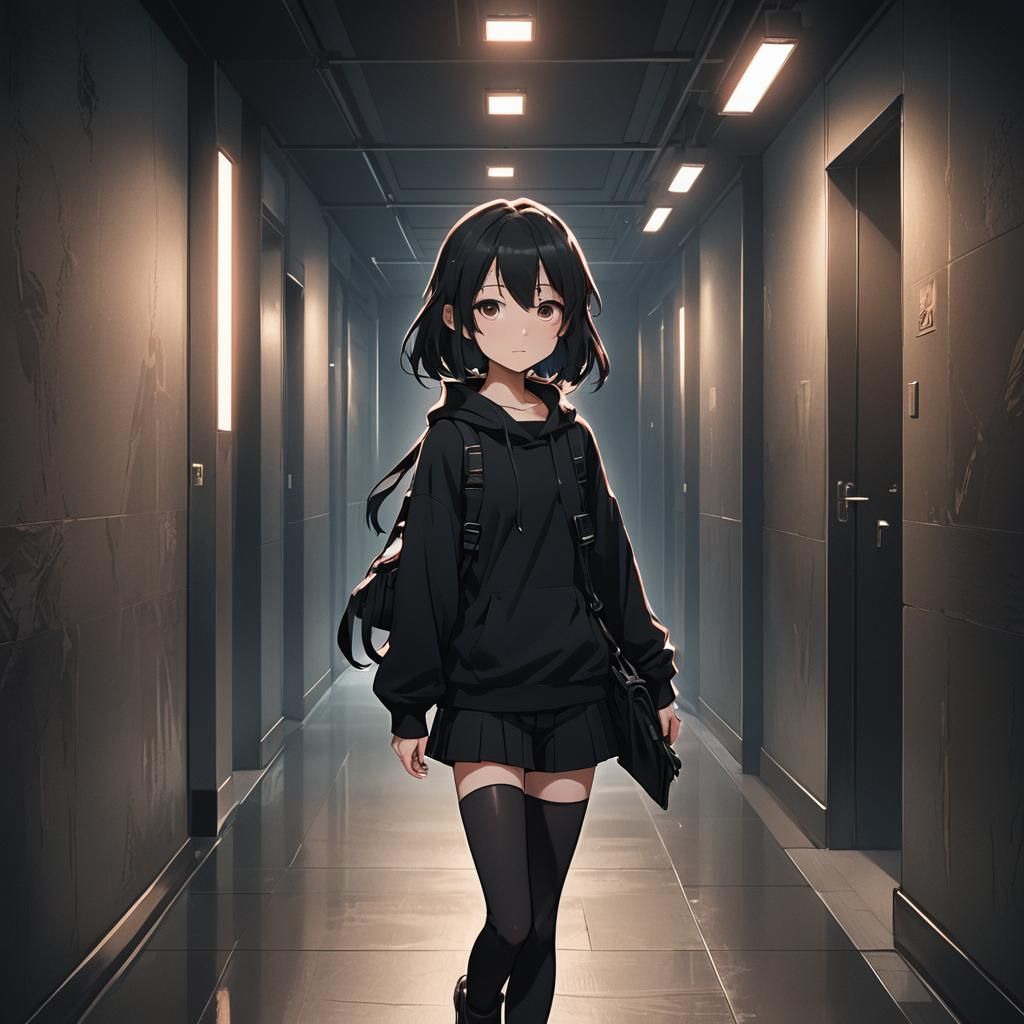 Anime Girl in Dim Hallway: Cel-Shaded Digital Art