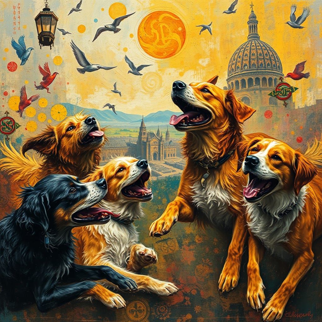 Dogs at Play in Post-Impressionist Style