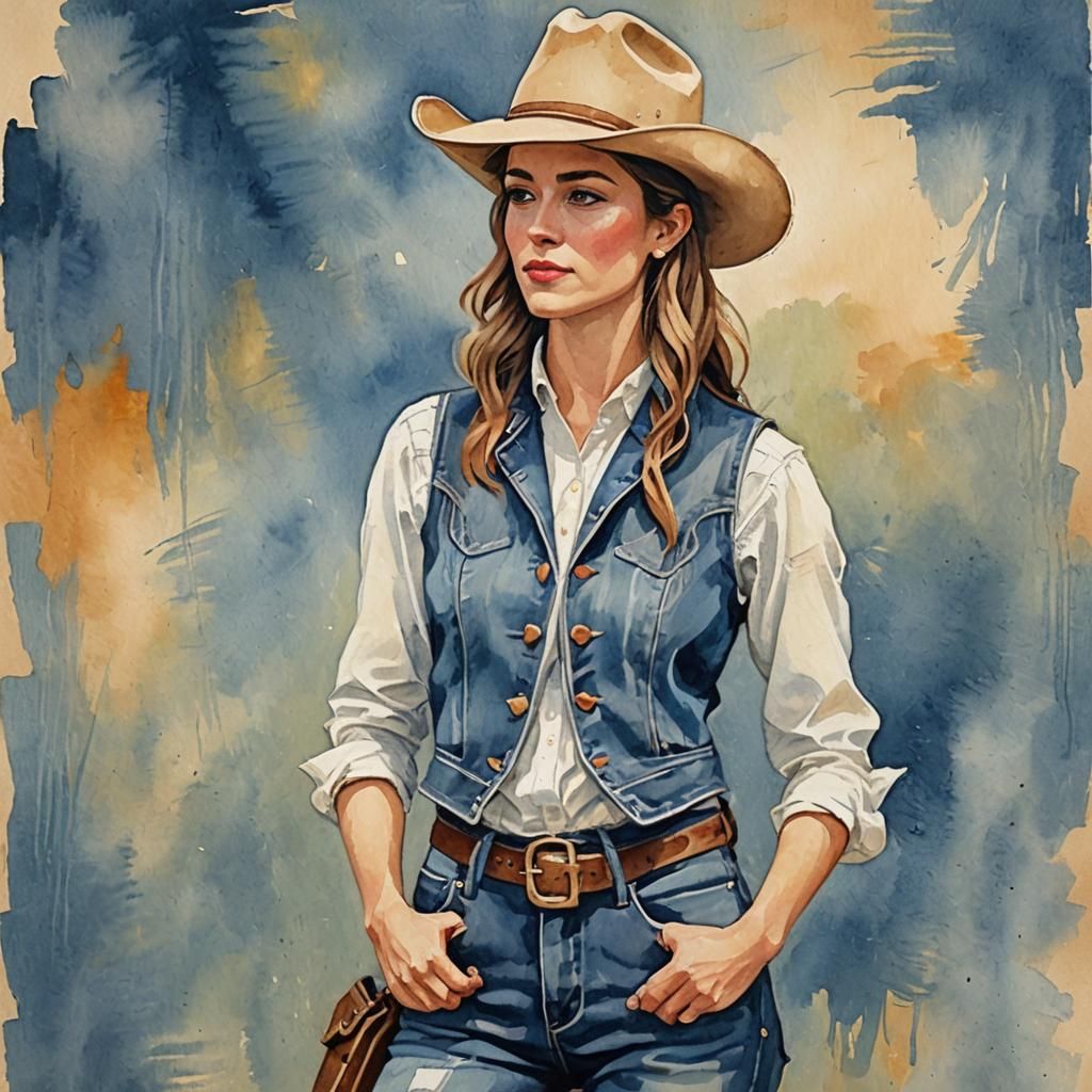 Country Girl in Gouache Watercolor Style