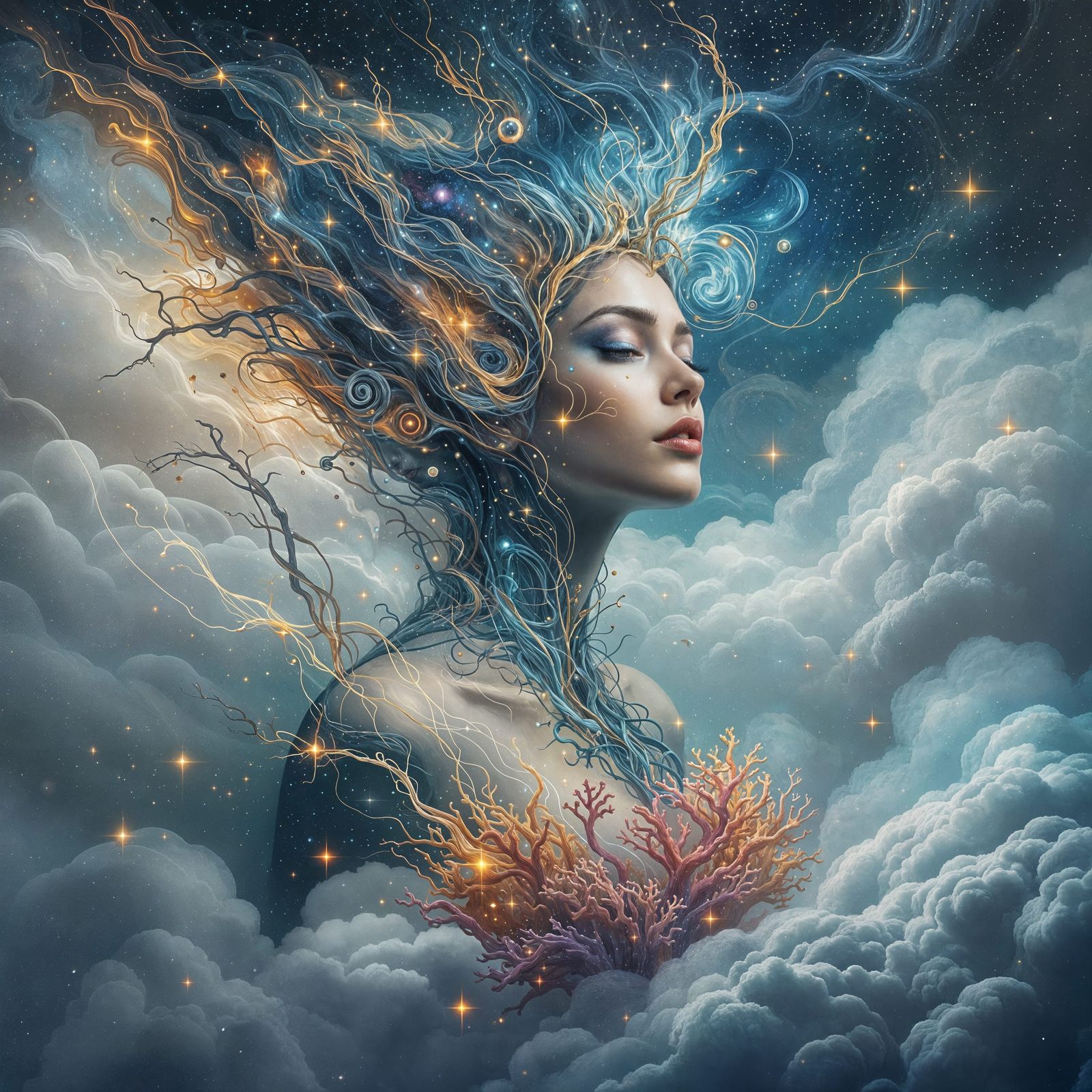 Surreal Cosmic Portrait of Serene Woman